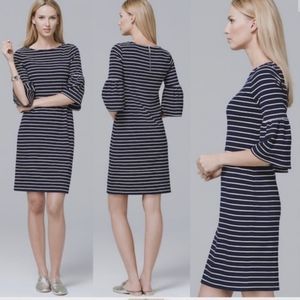 White House Black/Market Women's Unlined Striped Dress Flounce 3/4 Sleeve Size L